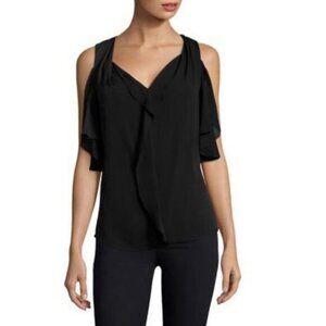Kobi Halperin 100% Silk Rochelle Cold Shoulder Black Top Size XS Ruffle Blouse